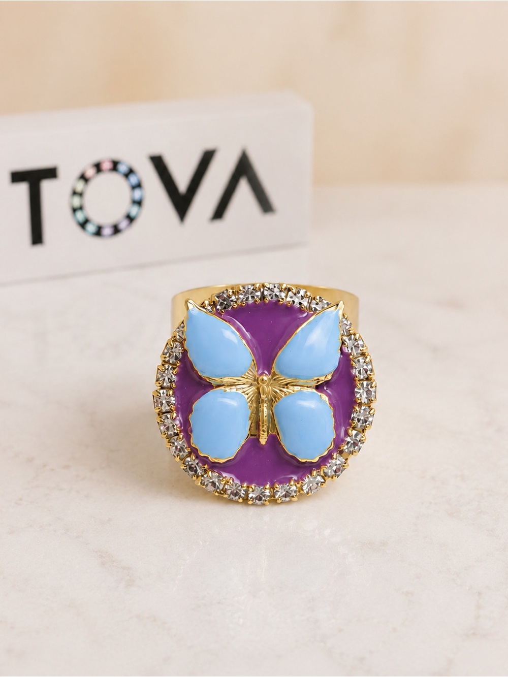 TOVA Gold Butterfly Statement Ring - Blue &Purple and clear stones. Adjustable